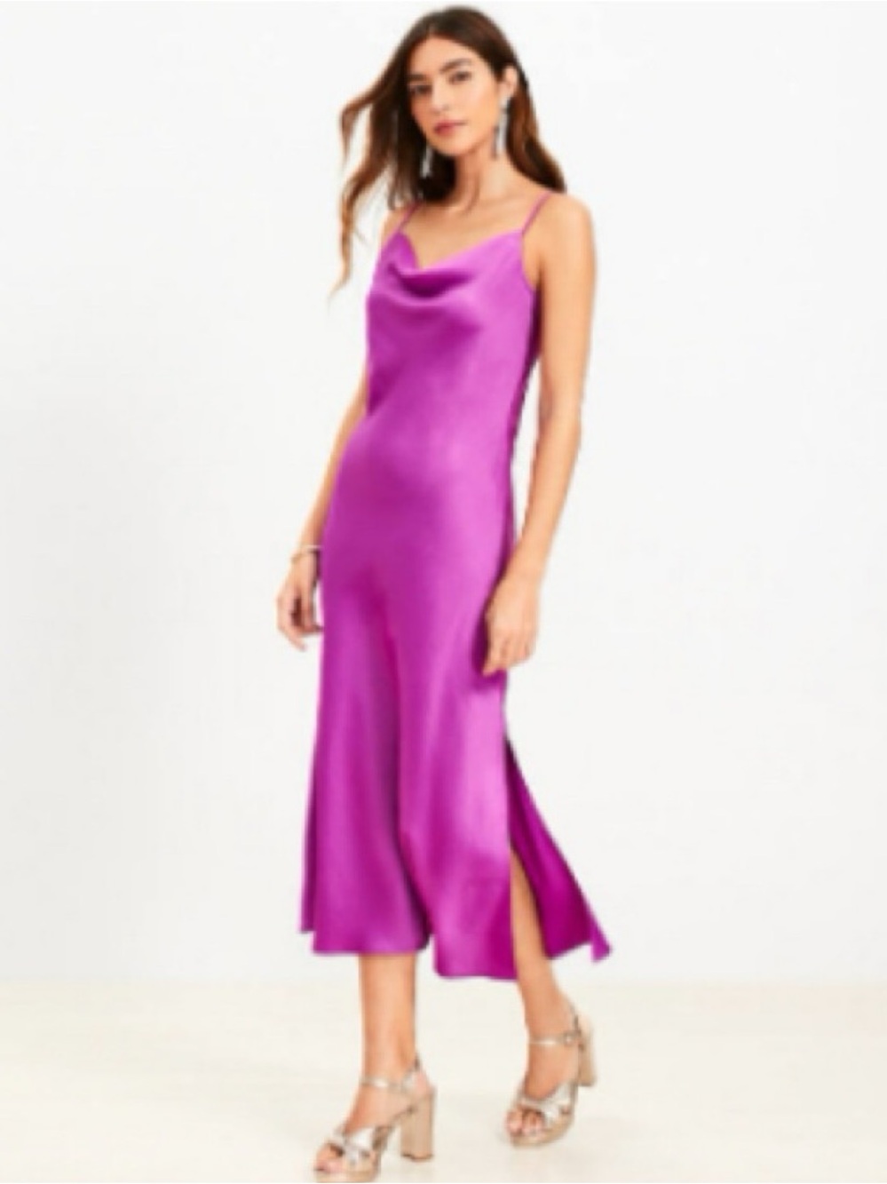Paper Heart Fuchsia Cowl-Neck Slip Midi Dress with Spaghetti Straps - Picture 2 of 7